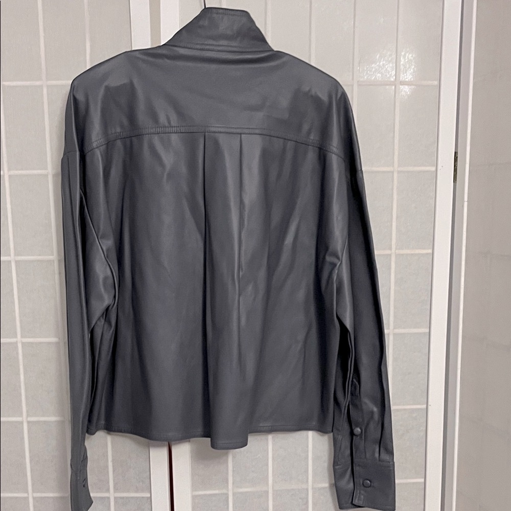 Zara Women's Dark Grey Faux Leather Tie Shirt - Picture 6 of 7